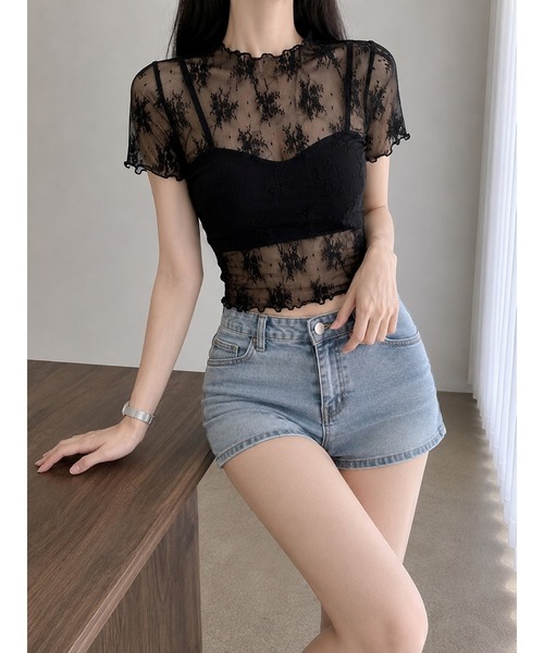 Bling Leads(ブリングリーズ)の「【Bls】 【ZL】【Bling Leads】透け感 レースレイヤードTEE(Tシャツ/カットソー・レディース・ホワイト/ベージュ/ブラック・FREE)」の2枚目の写真