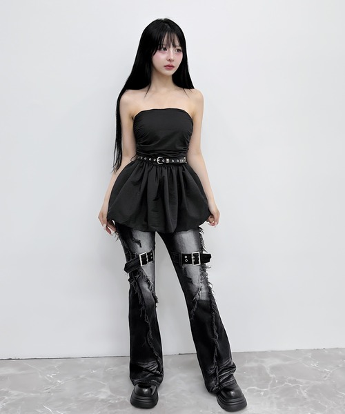 FOLLOWIN（フォロウィン）の「【ベルト付き】シャーリングベアバルーンチュニック（チューブトップ・レディース・ブラック/ホワイト・FREE）」の4枚目の写真