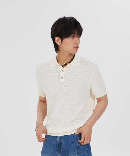 セール】ストライプテクスチャーカラーニット半袖Tシャツ_アイボリー