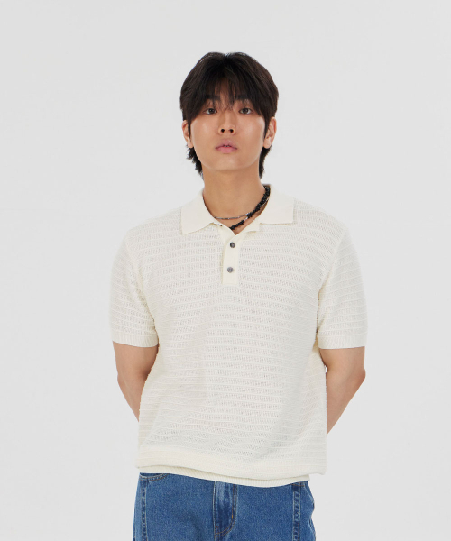 MAKEITTO（メイキット）の「ストライプテクスチャーカラーニット半袖Tシャツ_アイボリー（ポロシャツ・メンズ・アイボリー・LARGE/X-LARGE/XX-LARGE/MEDIUM）」の2枚目の写真