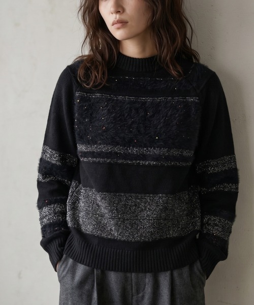 Belta attrice(ベルタアトリーチェ)の「【異素材ミックス】スパンコール × フェザーヤーン ボーダー クルーネック ニット プルオーバー(ニット/セーター・レディース・ブラック/ミント/ピンク・FREE)」の1枚目の写真