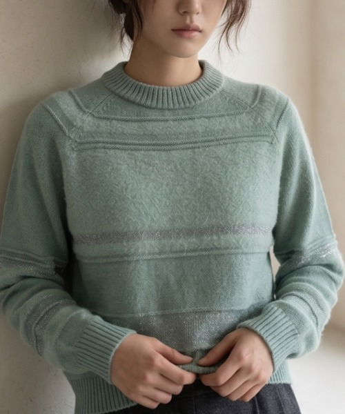 Belta attrice(ベルタアトリーチェ)の「【異素材ミックス】スパンコール × フェザーヤーン ボーダー クルーネック ニット プルオーバー(ニット/セーター・レディース・ブラック/ミント/ピンク・FREE)」の12枚目の写真