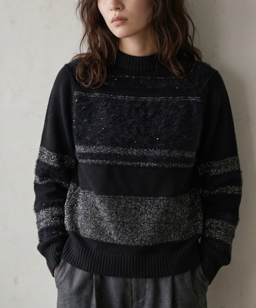 Belta attrice(ベルタアトリーチェ)の「【異素材ミックス】スパンコール × フェザーヤーン ボーダー クルーネック ニット プルオーバー(ニット/セーター・レディース・ブラック/ミント/ピンク・FREE)」の4枚目の写真