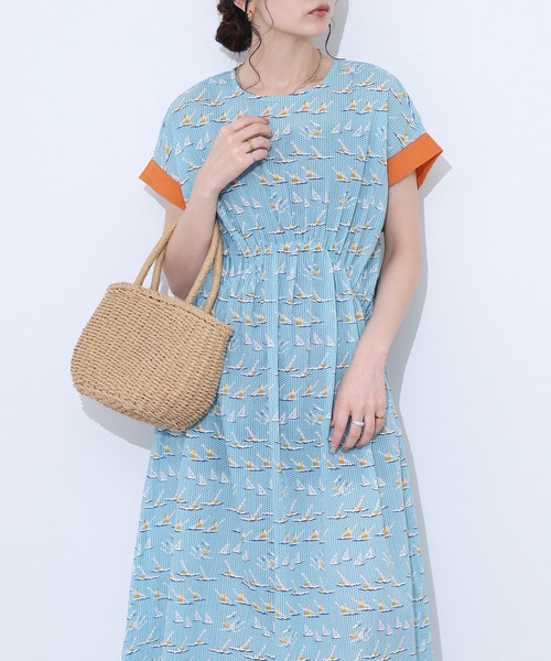 KILKI(キルキー)の「kilki 袖配色ギャザーワンピース シンクロナイズド 半袖(ワンピース・レディース・ブルー系/グリーン系・FREE)」の9枚目の写真