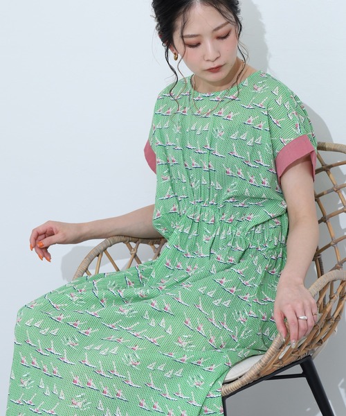 KILKI(キルキー)の「kilki 袖配色ギャザーワンピース シンクロナイズド 半袖(ワンピース・レディース・ブルー系/グリーン系・FREE)」の6枚目の写真