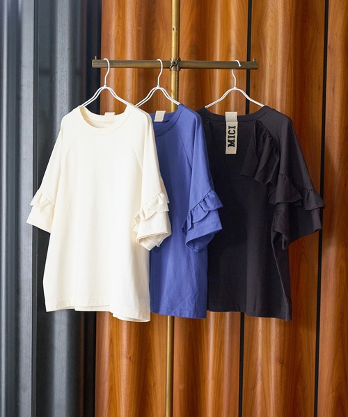 mici(ミチ)の「mici/BACK RAFFLE TEE(Tシャツ/カットソー・レディース・ブルー/オフホワイト/ブラック・ONE SIZE)」の14枚目の写真