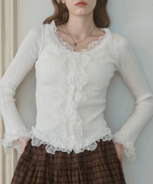 フロントフリルレースリブニット/Ribbed knit top with front ruffle lace detail
