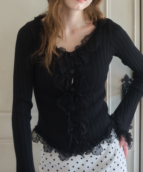 Birthday room（バースデイルーム）の「フロントフリルレースリブニット/Ribbed knit top with front ruffle lace detail（Tシャツ/カットソー・レディース・ホワイト/ブラック・FREE）」の13枚目の写真