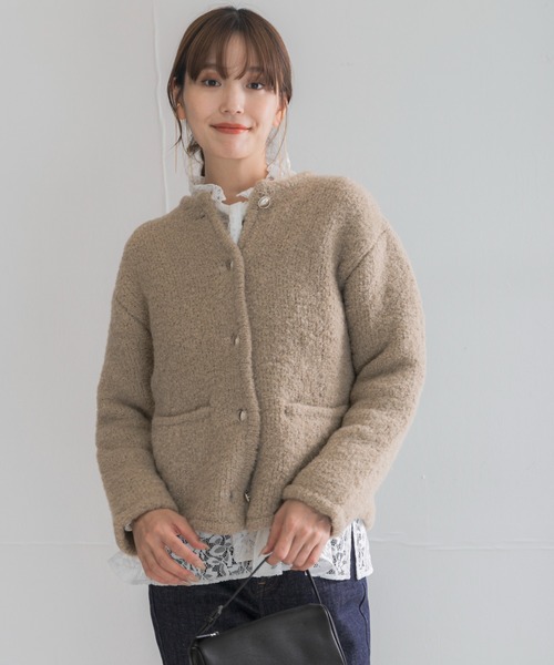URBAN RESEARCH ROSSO WOMEN(アーバンリサーチ ロッソ)の「『WEB限定』ウール混ブークレニットジャケット(ノーカラージャケット・レディース・ベージュ/ブルー系その他/グレー・FREE)」の9枚目の写真