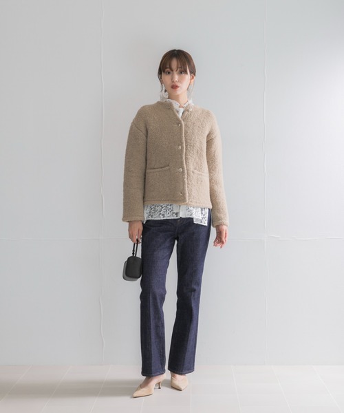URBAN RESEARCH ROSSO WOMEN(アーバンリサーチ ロッソ)の「『WEB限定』ウール混ブークレニットジャケット(ノーカラージャケット・レディース・ベージュ/ブルー系その他/グレー・FREE)」の12枚目の写真