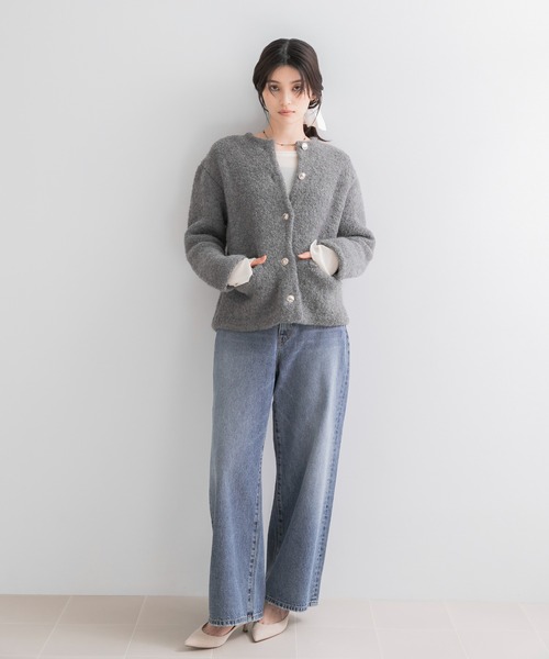 URBAN RESEARCH ROSSO WOMEN(アーバンリサーチ ロッソ)の「『WEB限定』ウール混ブークレニットジャケット(ノーカラージャケット・レディース・ベージュ/ブルー系その他/グレー・FREE)」の6枚目の写真