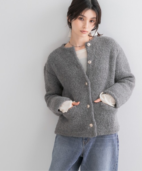 URBAN RESEARCH ROSSO WOMEN(アーバンリサーチ ロッソ)の「『WEB限定』ウール混ブークレニットジャケット(ノーカラージャケット・レディース・ベージュ/ブルー系その他/グレー・FREE)」の5枚目の写真