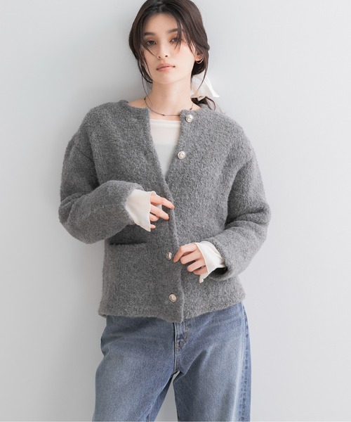 URBAN RESEARCH ROSSO WOMEN(アーバンリサーチ ロッソ)の「『WEB限定』ウール混ブークレニットジャケット(ノーカラージャケット・レディース・ベージュ/ブルー系その他/グレー・FREE)」の4枚目の写真