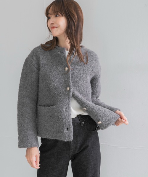 URBAN RESEARCH ROSSO WOMEN(アーバンリサーチ ロッソ)の「『WEB限定』ウール混ブークレニットジャケット(ノーカラージャケット・レディース・ベージュ/ブルー系その他/グレー・FREE)」の7枚目の写真