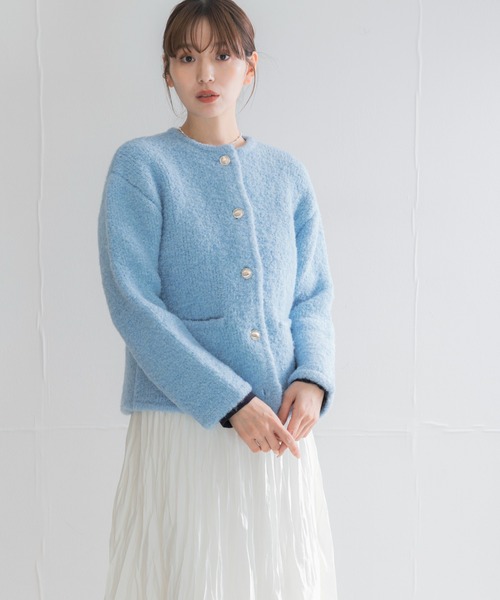 URBAN RESEARCH ROSSO WOMEN(アーバンリサーチ ロッソ)の「『WEB限定』ウール混ブークレニットジャケット(ノーカラージャケット・レディース・ベージュ/ブルー系その他/グレー・FREE)」の13枚目の写真