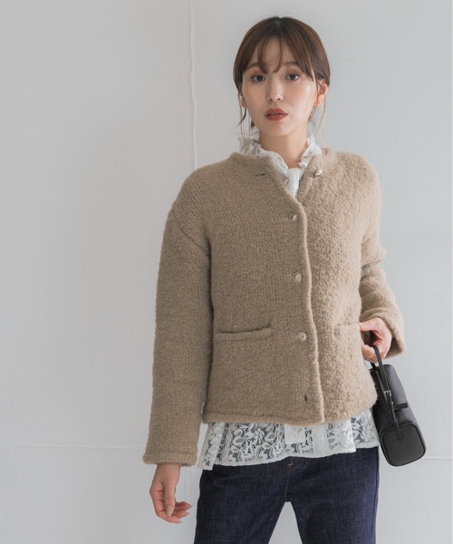 URBAN RESEARCH ROSSO WOMEN(アーバンリサーチ ロッソ)の「『WEB限定』ウール混ブークレニットジャケット(ノーカラージャケット・レディース・ベージュ/ブルー系その他/グレー・FREE)」の10枚目の写真