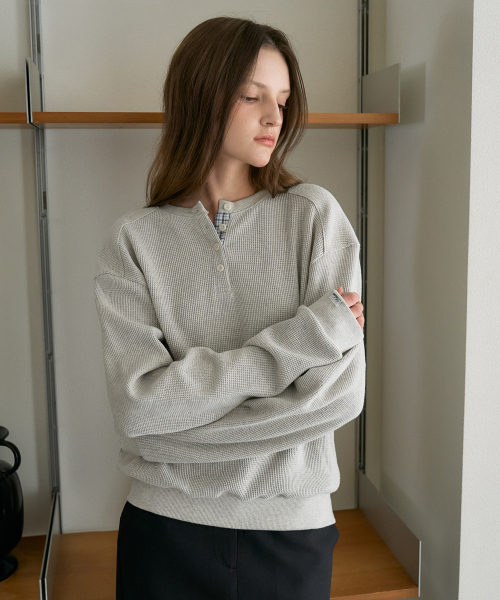 DEHEVE（デヘヴェ）の「Check Henley-neck Sweatshirt [Oatmeal]（スウェット・レディース・オートミール・OS）」の10枚目の写真