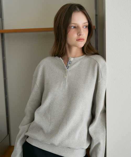 DEHEVE（デヘヴェ）の「Check Henley-neck Sweatshirt [Oatmeal]（スウェット・レディース・オートミール・OS）」の12枚目の写真