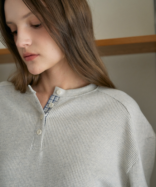 DEHEVE（デヘヴェ）の「Check Henley-neck Sweatshirt [Oatmeal]（スウェット・レディース・オートミール・OS）」の13枚目の写真