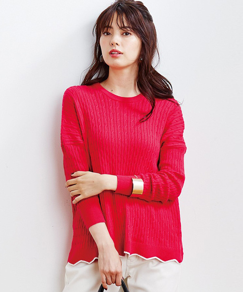 Live in comfort（リブインコンフォート）の「リブ　イン　コンフォート　ゆったりラインで着こなしやすい　総柄ケーブル編みシルク混ニット（ニット/セーター・レディース・ピンク/グレー/ネイビー・XX-LARGE/X-LARGE/SMALL/LARGE/MEDIUM）」の2枚目の写真