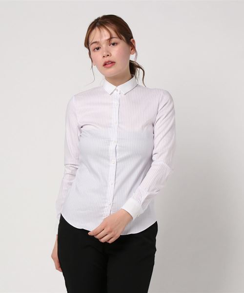 Easy Care Stretch Blouse パールボタンクレリック&レギュラーカラーストライプ Easy Care Stretch Blouse パールボタンクレリック&レギュラーカラーストライプ