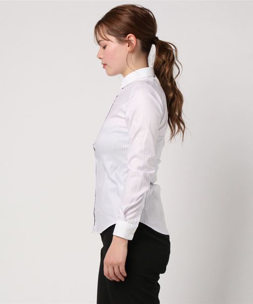 Easy Care Stretch Blouse パールボタンクレリック&レギュラーカラーストライプ Easy Care Stretch Blouse パールボタンクレリック&レギュラーカラーストライプ