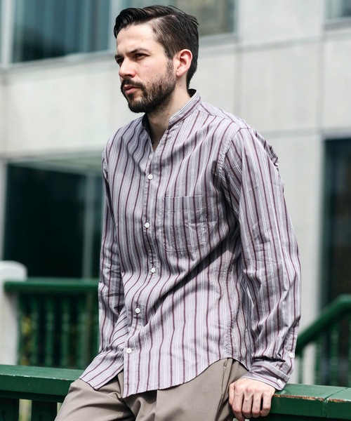 MR.OLIVE(ミスターオリーブ)の「レジメンタル ストライプコットン / スタンドカラー スキッパーシャツ(シャツ/ブラウス・メンズ・ネイビー/グレー・SMALL/MEDIUM/LARGE)」の1枚目の写真