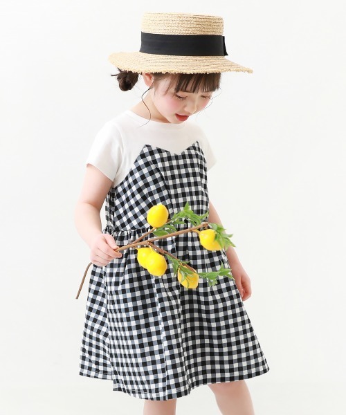 devirock（デビロック）の「ビスチェ風ドッキング半袖ワンピース（ワンピース・キッズ・ベージュ/パープル系その他/ブラック系その他2/ブラック系その他/イエロー/ブルーグレー/ブルー/グリーン系その他/ラベンダー/ネイビー/サックスブルー・130cm/160cm/100cm/140cm/120cm/150cm/110cm）」の2枚目の写真