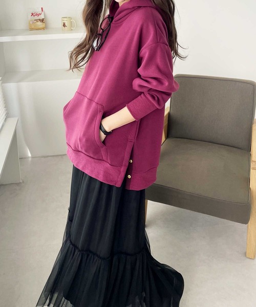 GeeRA（ジーラ）の「裏起毛ボタンデザインパーカー（パーカー・レディース・キャメル/杢グレー/パープル/ブラック/アイボリー/ダークブラウン・SMALL/MEDIUM/LARGE/X-LARGE/XX-LARGE）」の19枚目の写真