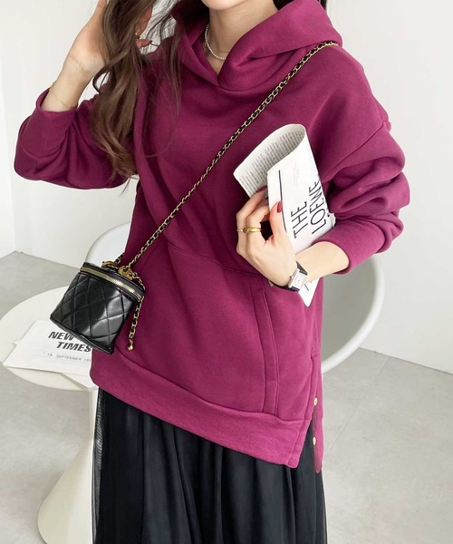 GeeRA（ジーラ）の「裏起毛ボタンデザインパーカー（パーカー・レディース・キャメル/杢グレー/パープル/ブラック/アイボリー/ダークブラウン・SMALL/MEDIUM/LARGE/X-LARGE/XX-LARGE）」の22枚目の写真