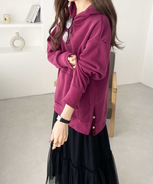 GeeRA（ジーラ）の「裏起毛ボタンデザインパーカー（パーカー・レディース・キャメル/杢グレー/パープル/ブラック/アイボリー/ダークブラウン・SMALL/MEDIUM/LARGE/X-LARGE/XX-LARGE）」の20枚目の写真