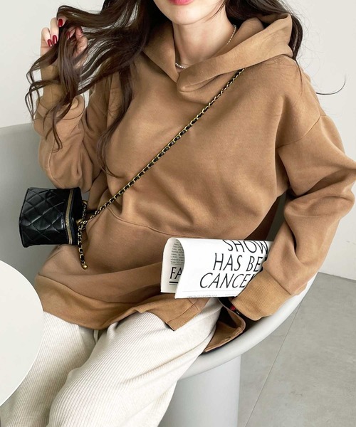 GeeRA（ジーラ）の「裏起毛ボタンデザインパーカー（パーカー・レディース・キャメル/杢グレー/パープル/ブラック/アイボリー/ダークブラウン・SMALL/MEDIUM/LARGE/X-LARGE/XX-LARGE）」の13枚目の写真