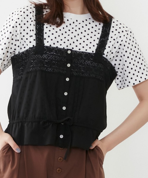 POU DOU DOU(プードゥドゥ)の「ソフトローンレースキャミブラウス(キャミソール・レディース・ブラック/オフホワイト・3)」の14枚目の写真