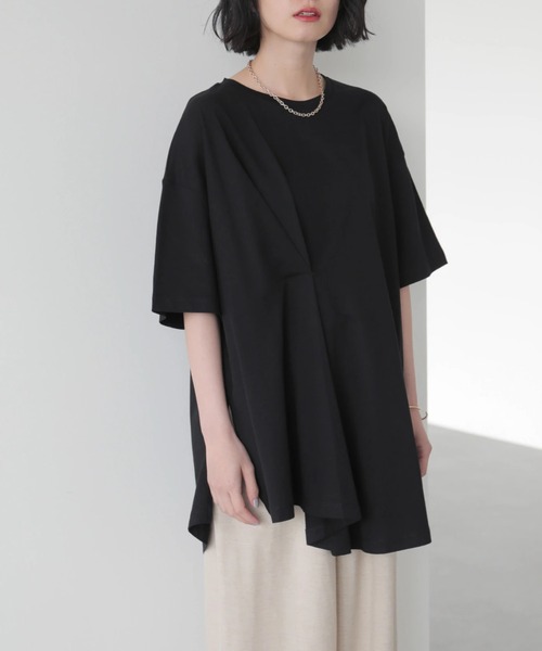 AMERICAN HOLIC（アメリカンホリック）の「フロントタック半袖カットチュニック　＊（Tシャツ/カットソー・レディース・ライトベージュ/オフホワイト/ラベンダー/ブラック・FREE）」の3枚目の写真