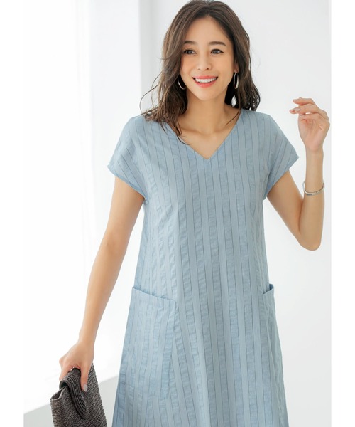 STYLE DELI(スタイルデリ)の「サッカーストライプAラインワンピース(ワンピース・レディース・ブラック/サックスブルー・01/02)」の5枚目の写真