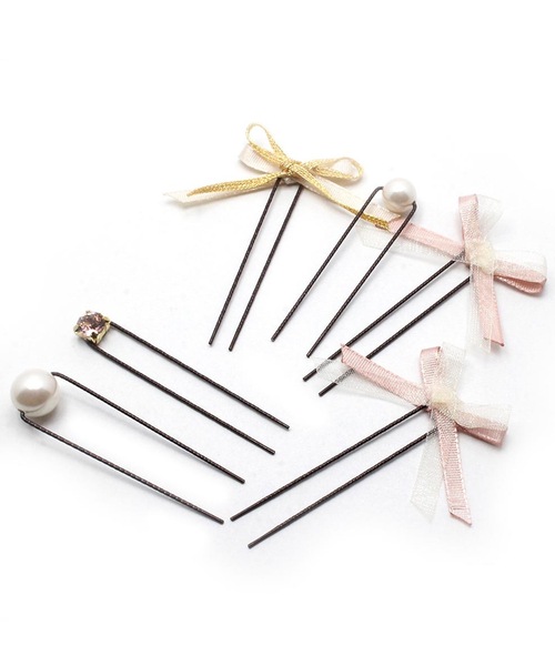 Zoule(ゾーラ)の「Zoule ゾーラ: mix ribbon pearl リボン&パールUピンセット(ヘアピン・レディース・ホワイト/グレー/ブラック/ピンク・FREE)」の4枚目の写真