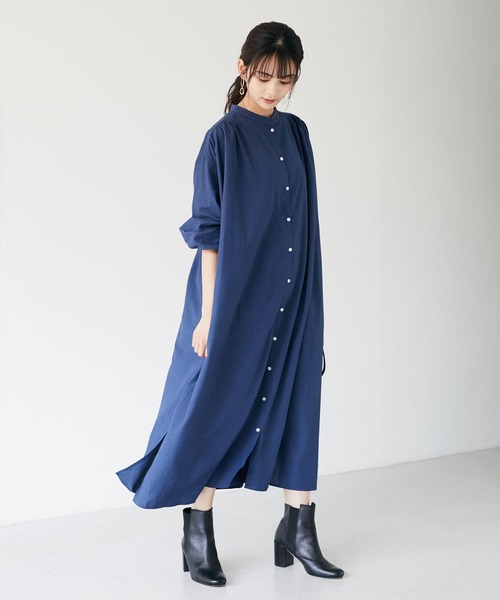 CRAFT STANDARD BOUTIQUE（クラフトスタンダードブティック）の「スタンドカラーシャツワンピース　＊（シャツワンピース・レディース・ブラック/カーキ/ブルー/グレイッシュベージュ・FREE）」の4枚目の写真
