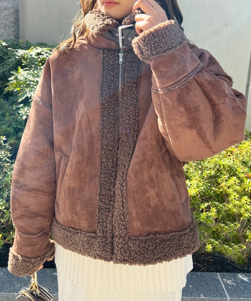 StyleSea(スタイルシー)の「エコムートンクロップドフライトジャケット(ムートンコート・レディース・ブラウン/アイボリー・FREE)」の7枚目の写真