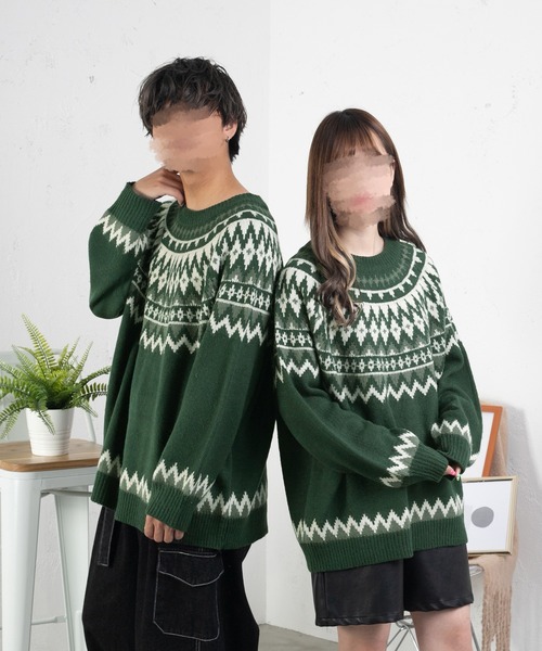PairPair（ペアペア）の「ノルディック柄ニット(ユニセックス)（ニット/セーター・レディース・ブラック/グリーン/アイボリー/モカ・MEDIUM/LARGE）」の4枚目の写真