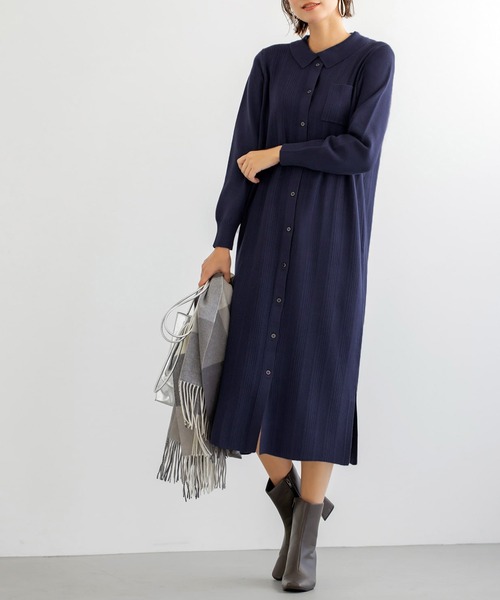 STYLE DELI(スタイルデリ)の「【LUXE】ポロ襟リブニットワンピース(ワンピース・レディース・ネイビー/レッド・01/02)」の2枚目の写真