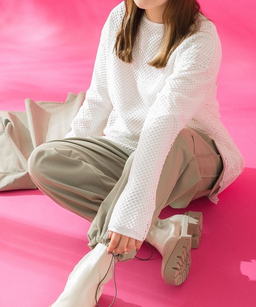 HEYUMM（ヘユム）の「HEYUMM　カラフルメッシュロングトップ（Tシャツ/カットソー・レディース・ブラック/オフホワイト/ブルー・ONE）」の5枚目の写真