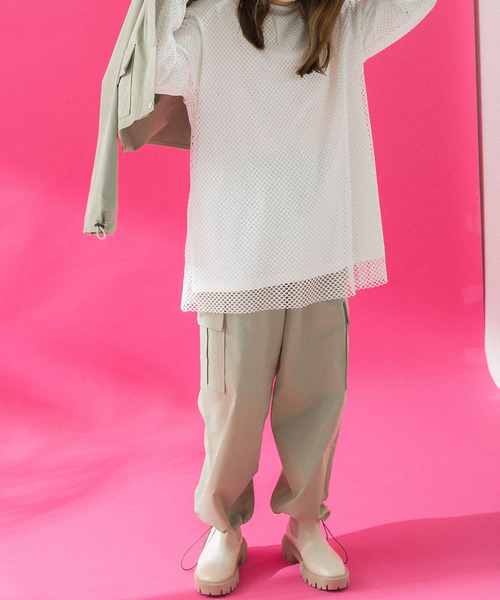 HEYUMM（ヘユム）の「HEYUMM　カラフルメッシュロングトップ（Tシャツ/カットソー・レディース・ブラック/オフホワイト/ブルー・ONE）」の9枚目の写真