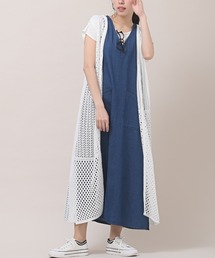 ブロッキング透かし編みロングニットジレ