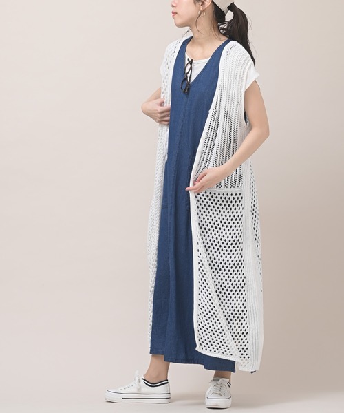 rps（アールピーエス）の「ブロッキング透かし編みロングニットジレ（ベスト・レディース・ブラック/アイボリー/モカ/ライトベージュ・M）」の6枚目の写真