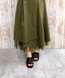 スクエアトゥ 円柱ヒール メッシュ ミュール