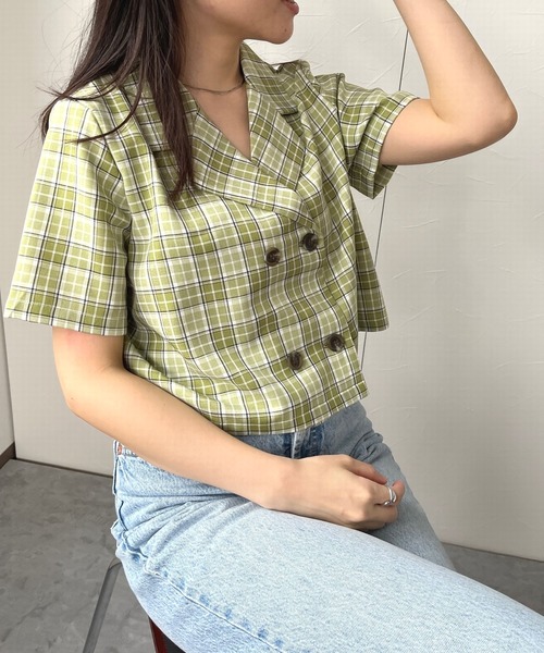 ＪＵＧＬＡＮＳ（ユグランス）の「☆ シーズンムード漂う。チェック柄ショート開衿シャツ　30513A232（シャツ/ブラウス・レディース・ブラック/オレンジ/グリーン・FREE）」の2枚目の写真