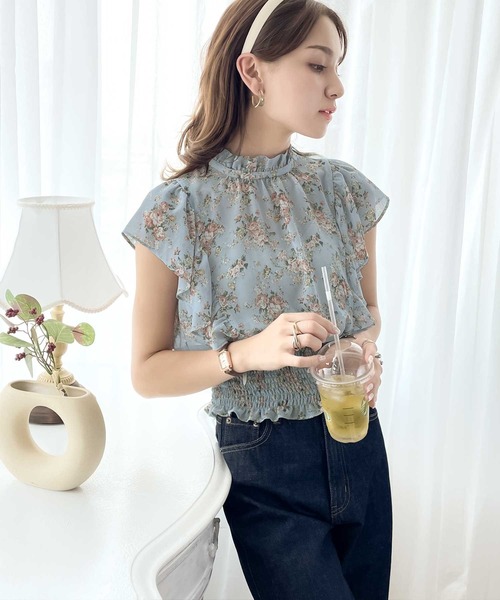 セール】【mily bilet】程よい大人の甘さ。花柄フリルノースリーブ