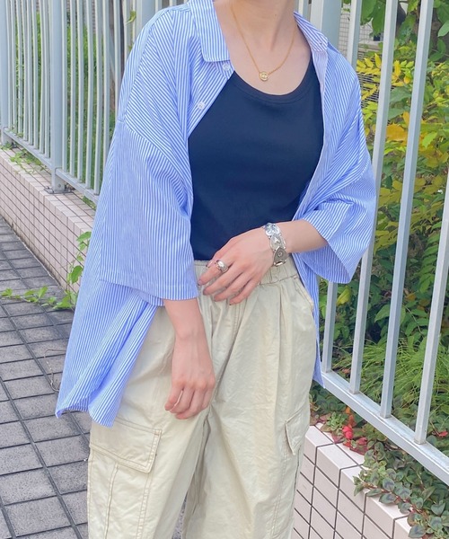 PairPair（ペアペア）の「刺繍入りストライプシャツ(ユニセックス)（シャツ/ブラウス・レディース・ブラック/ブルー/グリーン・MEDIUM/LARGE）」の3枚目の写真