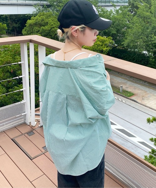 PairPair（ペアペア）の「刺繍入りストライプシャツ(ユニセックス)（シャツ/ブラウス・レディース・ブラック/ブルー/グリーン・MEDIUM/LARGE）」の5枚目の写真