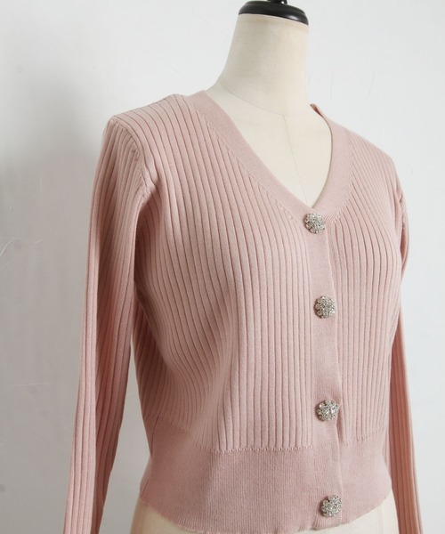 tocco closet（トッコ　クローゼット）の「フラワービジュー付きショート丈リブニットカーディガン（カーディガン/ボレロ・レディース・チャコール/ミント/オフホワイト/ブラック/サックスブルー/ピンク/レモンイエロー・M）」の19枚目の写真